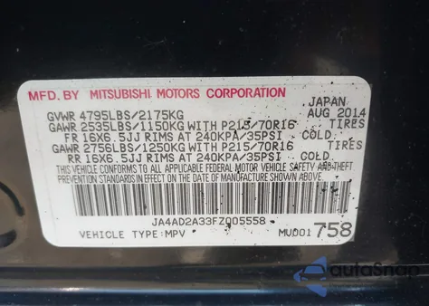 2015 Mitsubishi Outlander Es z USA, uszkodzony, nr VIN JA4AD2A33FZ005558